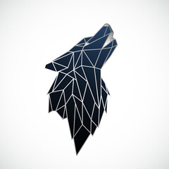Geometric wolf head in blue tones, modern abstract style, sharp lines.