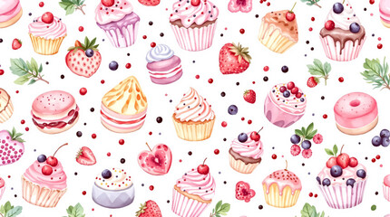 Watercolor Sweet desserts pattern on white background

