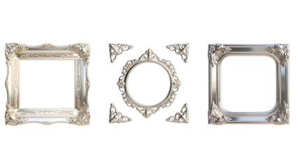 Ornate Silver Picture Frame Set, Antique Silver Photo Frames, Vintage Decorative Silver Borders, Baroque Round & Square Frames, Luxury Metallic Silver Frames

