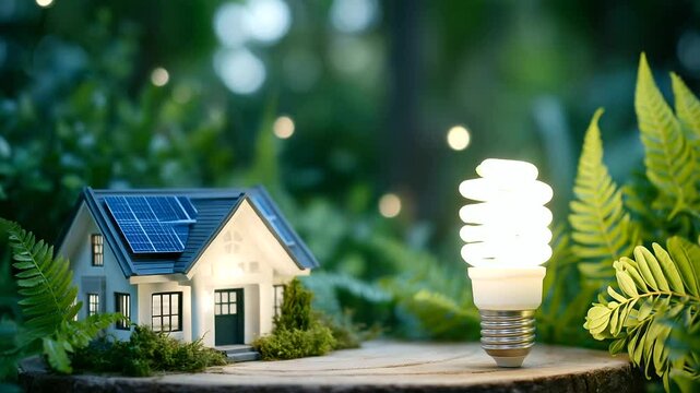 A glowing CFL bulb wrapped in a spiral of leaves beside a tiny modern house model with rooftop solar panels, all placed on a natural wood platform surrounded by radiant green folia