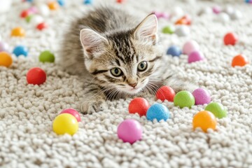 Curious tabby kitten playing with colorful fuzzy balls on soft carpet. Cozy indoor scene. Bright natural light. Focused expression. Playful pet moment. Home comfort and joy. Close-up. Horizontal
