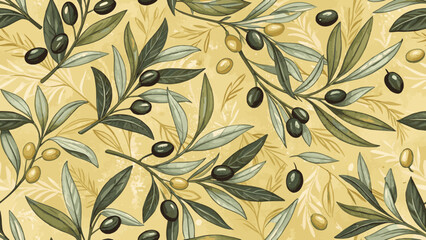 Vector Illustration Seamless Pattern. Olives and Green Olive Leaves Pattern. Golden Yellow Background. For Printing on Fabric or Wallpaper.