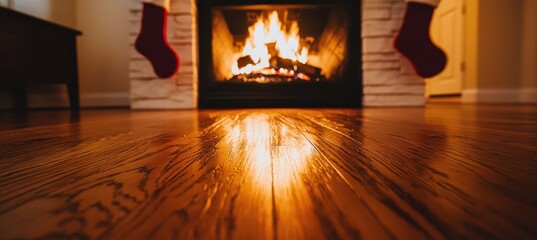 Cozy Fireplace Setting with Christmas Stockings and Warm Glow