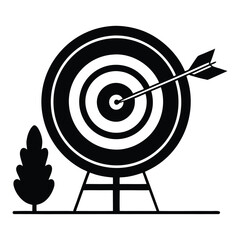 Simple silhouette of an arrow hitting the bullseye of a target representing success and precision