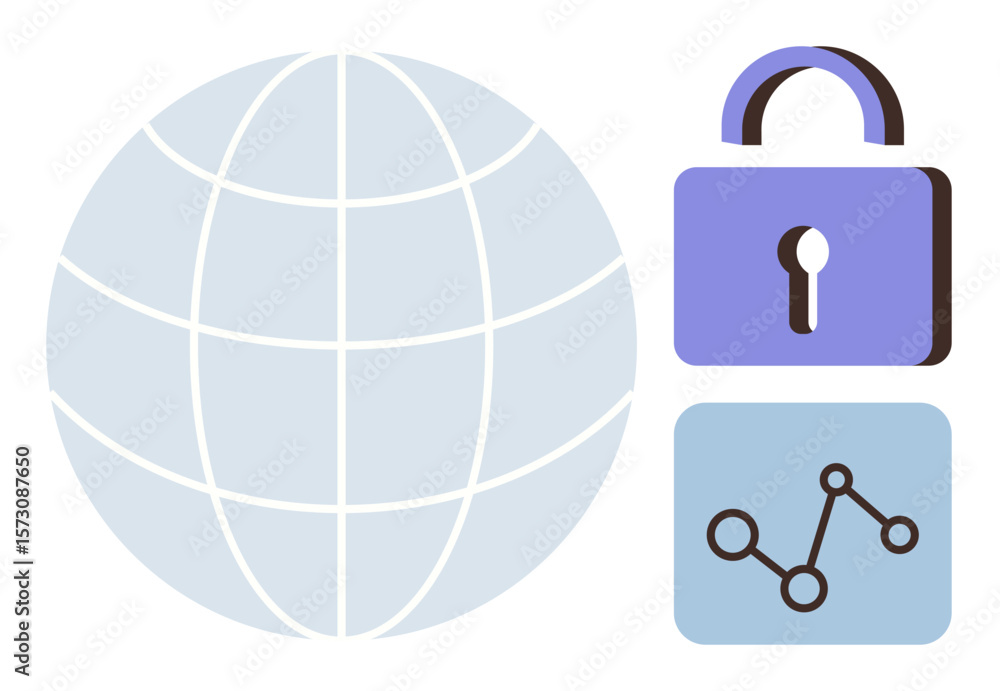 Poster globe symbolizing global network, padlock for data security, and graph for analytics. ideal for tech