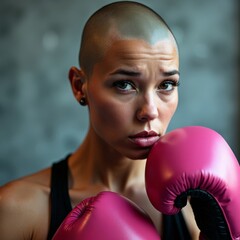 Close up portrait of a bald woman with pink boxing gloves, symbolizing strength and determination in the fight against cancer, conveying resilience and hope