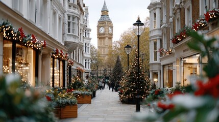 Christmas lights and garlands adorn old buildings as snow falls softly, creating a warm holiday atmosphere in the bustling streets