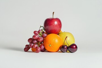 Pile of assorted fresh fruits on white background. Apples, grapes, oranges, lemons, and pomegranates. Vibrant colors. Clean studio light. Healthy eating, nutrition, and harvest concept. Copy space