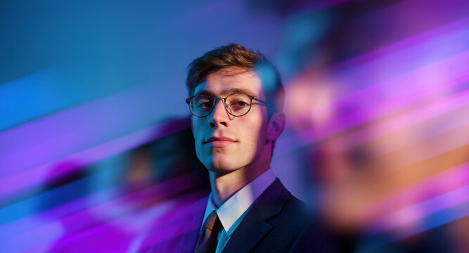 Confident businessman in glasses standing still amid neon blue and pink motion-blurred team