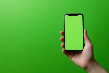 Close-up of hand holding smartphone with blank green screen on vibrant green background. Perfect for app mockup, UI design, or chroma key editing. Studio lighting. Modern tech concept. Copy space