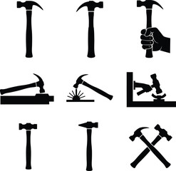 Hammer tool icons various actions and positions construction metal