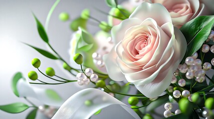 Elegant white roses with ribbon and pearl decoration on gray background

