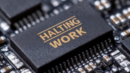 Concepts on the Effects of Export Tariffs on Trade. Close-up of a microchip with the words "HALTING WORK" printed on it, symbolizing a stop or pause in digital or technological processes.