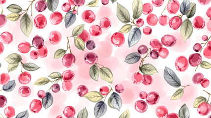 Watercolor pattern red cherries on white background seamless vector pattern