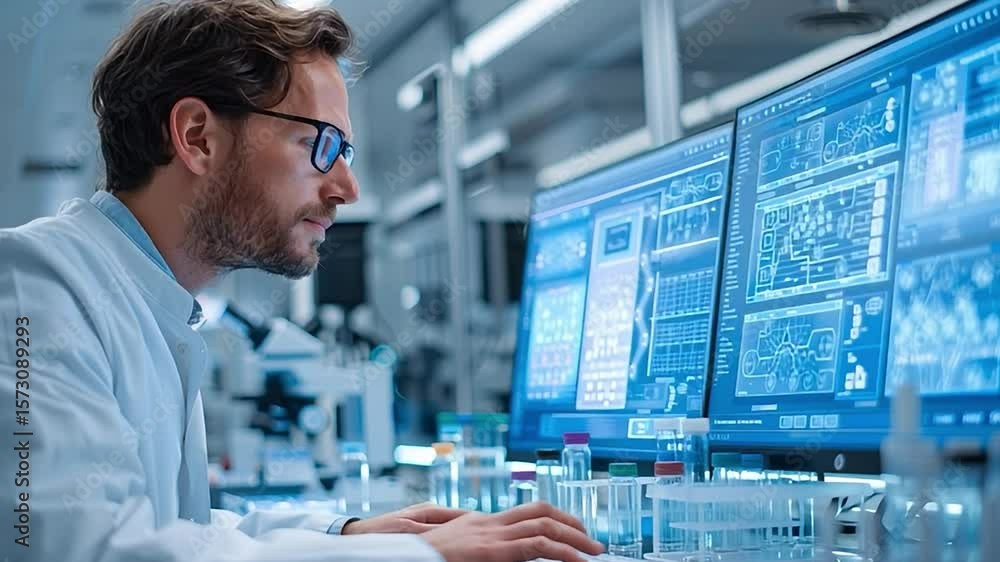Aufkleber scientist analyzes data on multiple screens in a modern laboratory setting