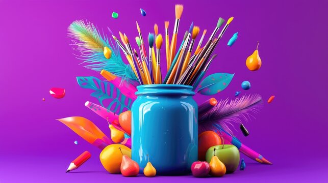 Colorful art supplies in a vibrant blue jar.