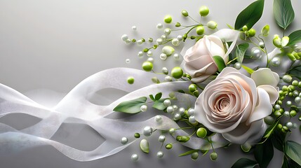 Elegant white roses with ribbon and pearl decoration on gray background

