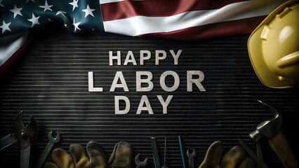 Happy Labor Day: American flag, tools, and hard hats celebrate workers