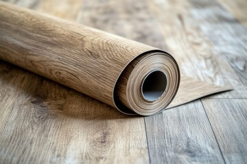 Close-up of grey vinyl flooring roll unrolling across bright modern room. Soft daylight. Wood texture detail. Clean, minimalist renovation process. Home interior improvement concept. Copy space