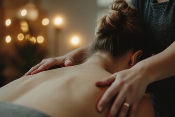 Close-up of hands massaging oiled back in spa setting. Warm light and soft focus. Relaxation, body care, and wellness treatment. Smooth skin. Gentle touch. Tranquil and serene atmosphere. Copy space.