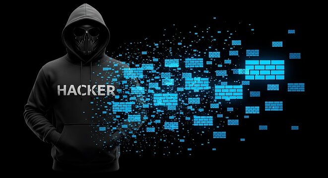 Anonymous hacker in a black hoodie dissolving into a cloud of digital data blocks. (AI Generated)