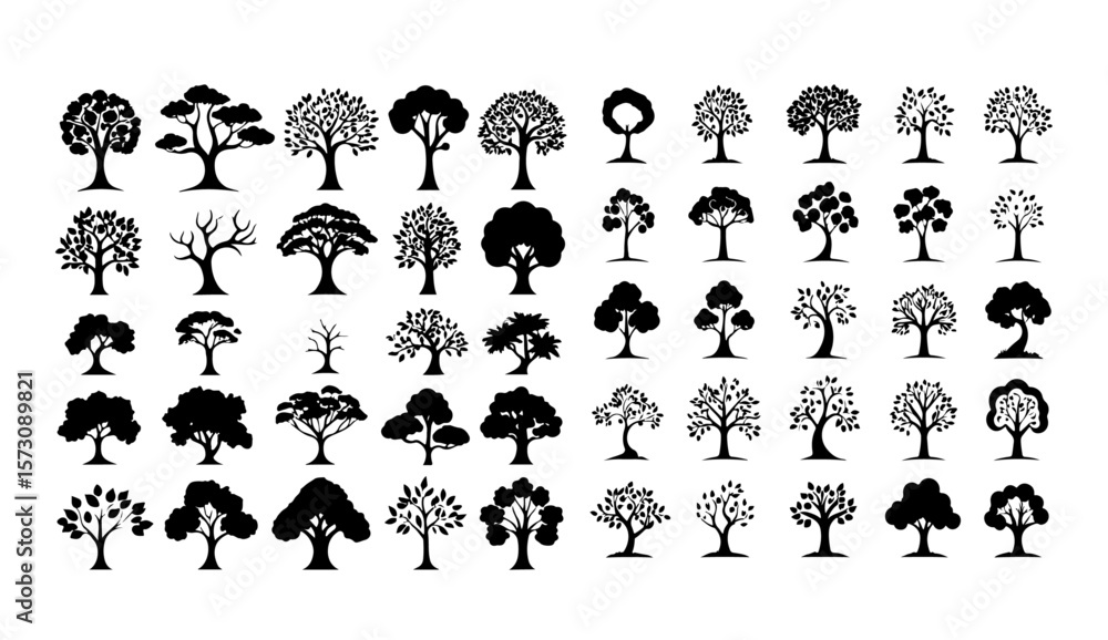 Poster a collection of various tree silhouettes arranged in a grid pattern