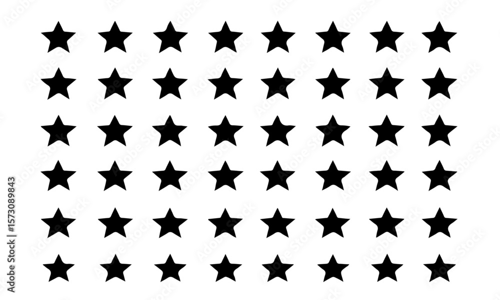 Poster arrangement of black star shapes in rows and columns on white background