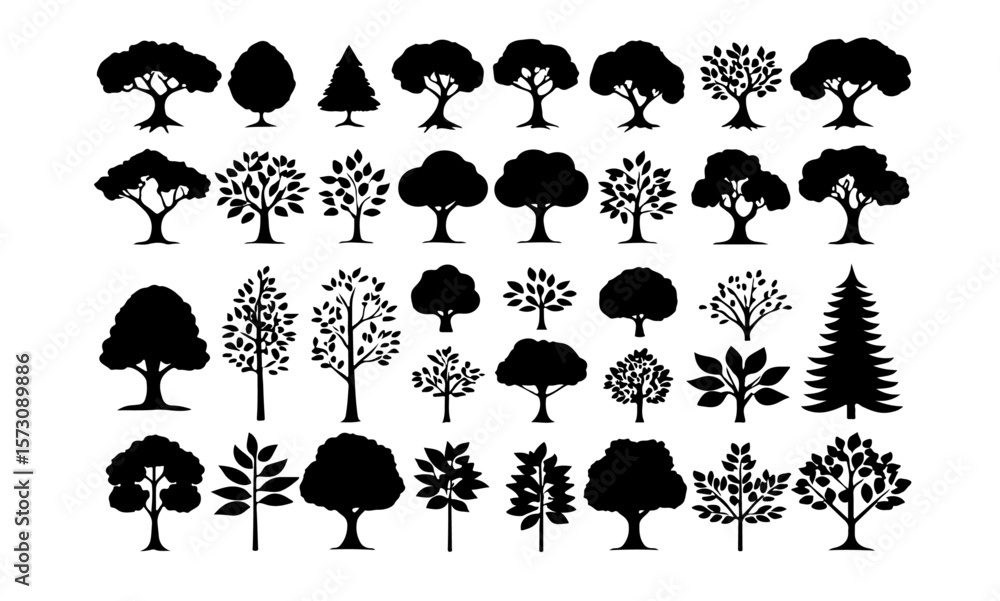 Poster silhouette collection of various tree types in black and white format