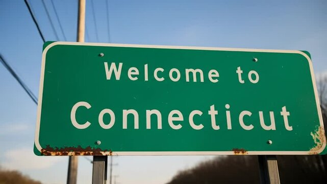A series of close up views showing a green welcome to connecticut roadside sign with natural sky