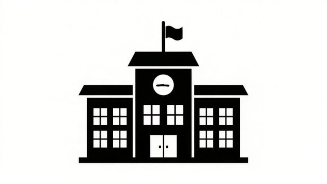 Building Icon Animation of a School with a Clock and Flag on Top