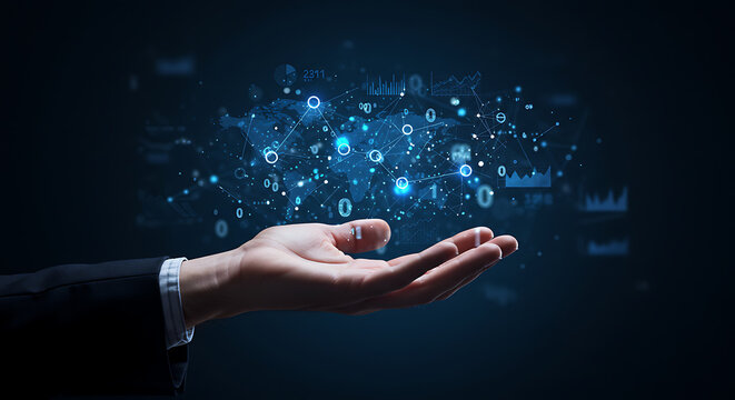 Hand Presenting Global Network Connection with Data Visualization and Binary Code Representing Technology and Digital Transformation in Business