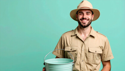 Smiling Man in Khaki Safari Outfit Holding Mint Bucket Against Green Backdrop