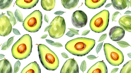 Watercolor background pattern avocado on white background