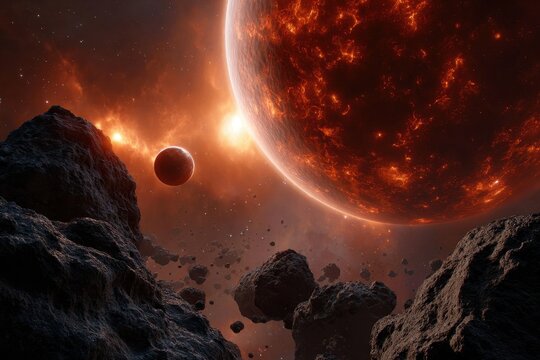 Gigantic fiery planet dominates the cosmos beside a smaller red moon and asteroid field
