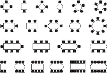 Seat plan icon set, Home, restaurant, seminar, school, conference, sofa, top view, chair and table, architectural plan with blueprint, customizable stroke, vector, illustration