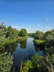 Lake in the forest.
Serene River Flowing Through Lush Green Landscape Under Blue Sky