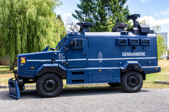 Rennes, France - June 28, 2025: Side view of the Centaure, a four-wheel drive armored personnel carrier made by Soframe and used by the French National Gendarmerie as an Internal Security Vehicle.