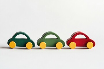 Close-up of colorful wooden toy cars in a row. Focus on green car in foreground. Minimalistic background. Bright and playful mood. Educational wooden toys. Child development concept. Copy space