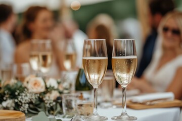 Close-up of two champagne flutes on elegant wedding reception table. Soft focus on guests in background. Floral decorations and white linen create festive mood. Celebration, romance, luxury
