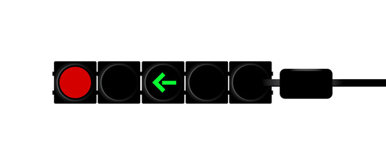 Modern traffic light with red stop signal and green arrow indicating permitted left turn isolated on white background.