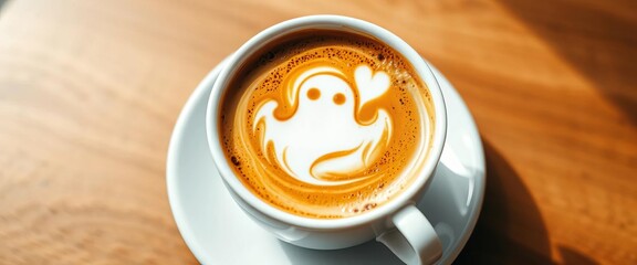 Steaming coffee with a ghostly latte art design on a white saucer,  white background,   clear
