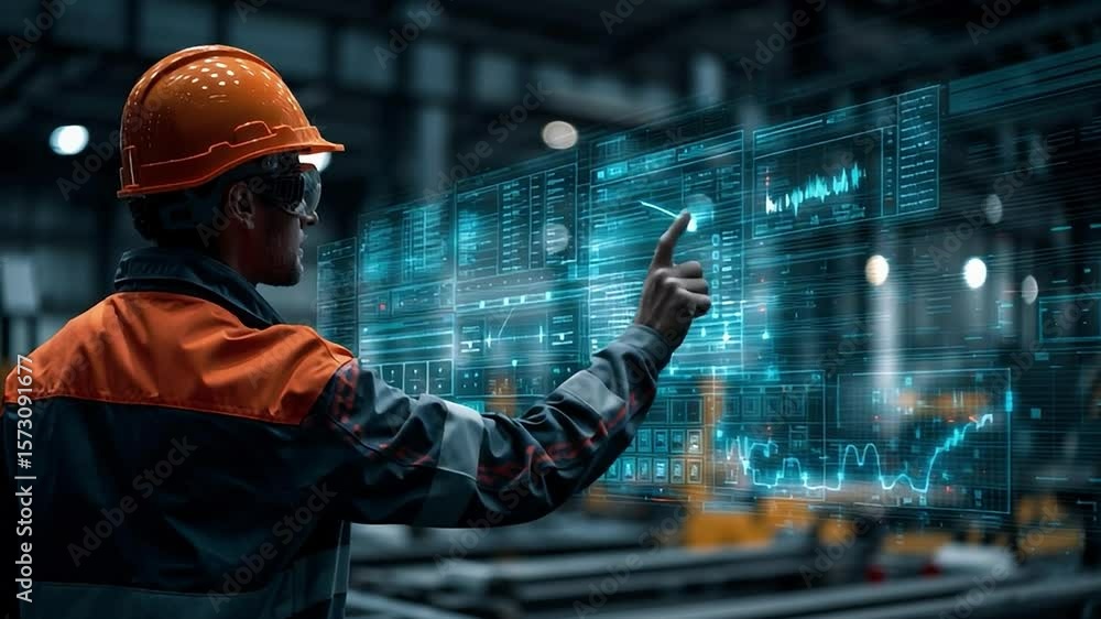 Poster worker interacts with digital interface in modern factory setting