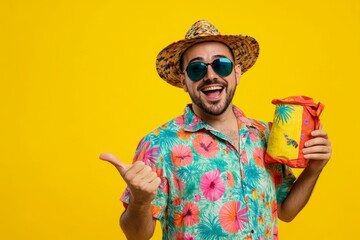 Man in colorful floral shirt and straw hat giving thumbs up with bag on yellow background