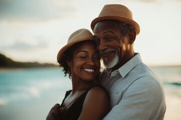 Elderly couple hugging on beach during sunset with warm smiles