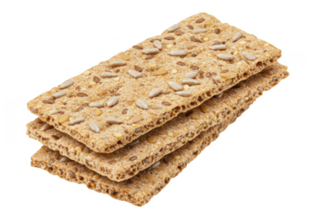 Stack of whole grain crackers with sunflower and flax seeds isolated on transparent background