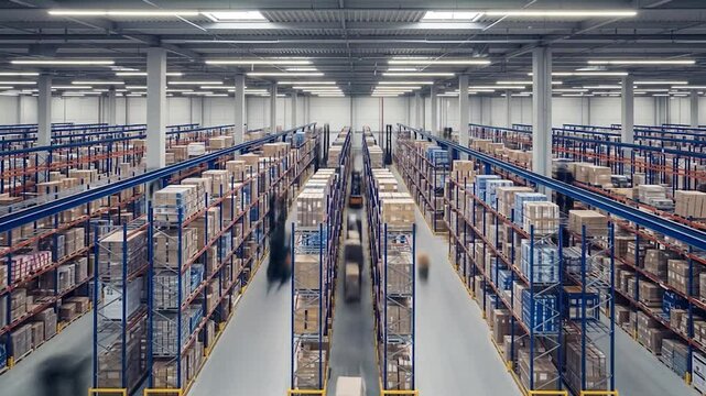 Vast warehouse interior with shelves and boxes aerial view industrial storage and distribution for global trade