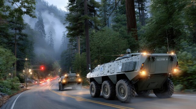 A military column moves stealthily through a foggy forest illuminated by moonlight, showcasing armored vehicles in action