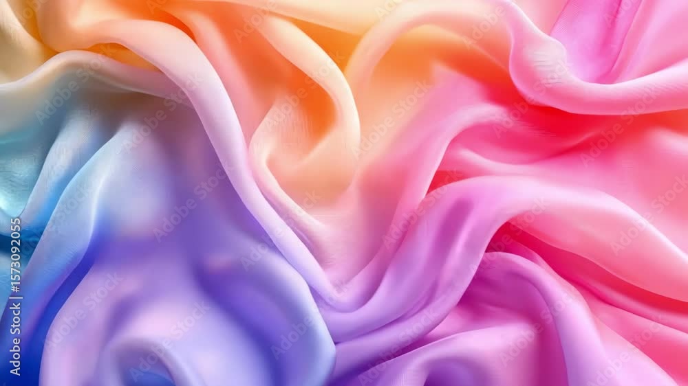 Poster abstract flowing gradient fabric background with colorful silk waves of pastel colors.