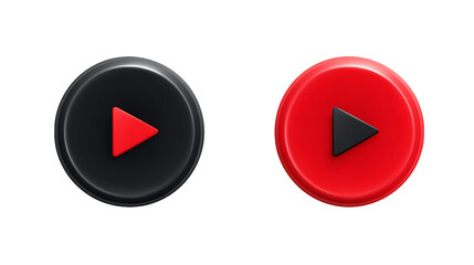 Two glossy play buttons showcase modern design and digital media concepts with vibrant red and black colors on a clean background, transparent background