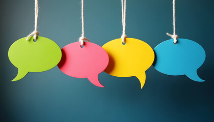Colorful speech bubbles hang against a teal backdrop, representing communication and ideas.